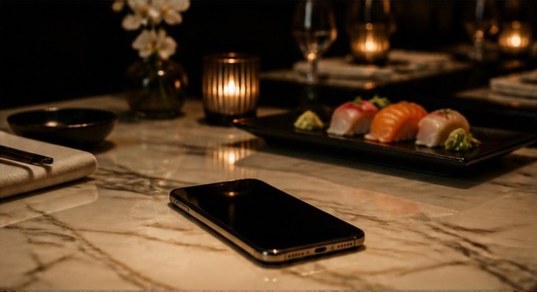 A phone resting on a marble restaurant table beside sushi and candlelight