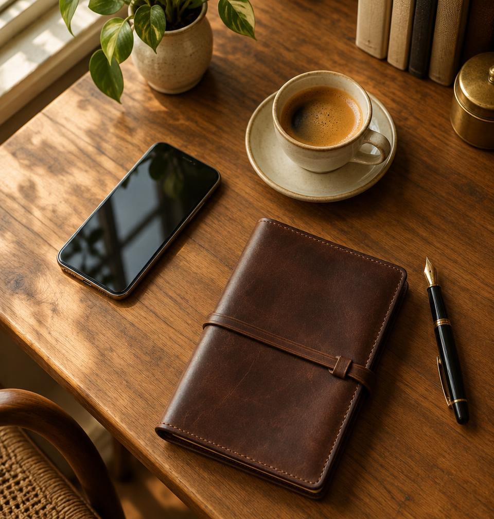 A wooden desk with a phone, leather notebook, fountain pen and espresso in warm window light