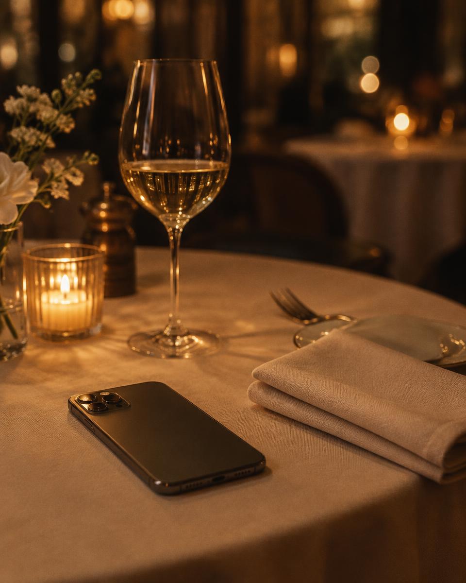 A phone resting face-down on an elegant restaurant table by candlelight